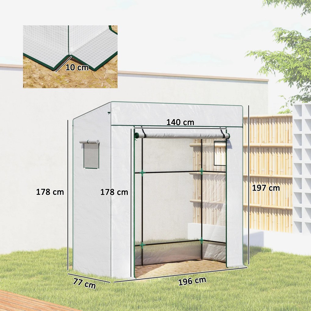 Outsunny Seră de Grădină cu Acoperiș Înclinat, 2 Ferestre și Ușă Rulabilă, Seră pentru Cultivare cu Structură din Oțel, Acoperire Anti-UV din PE, pentru Grădină, Legume, Flori, 196x77x197 cm, Alb | Aosom Romania