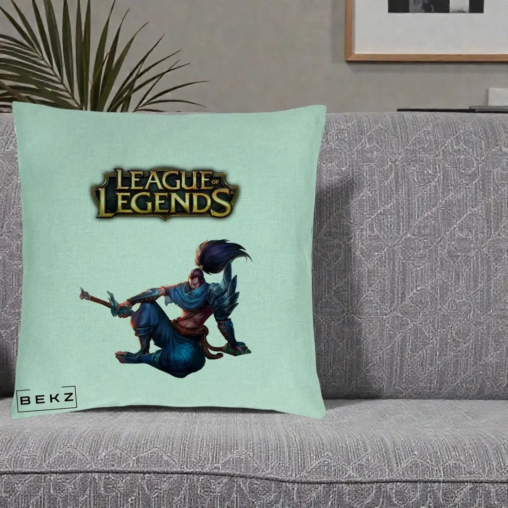 Perna Personalizata League of Legends Yasuo, 40x40 cm, Verde Menta, Husa Detasabila, Perna Inclusa, BEKZ®