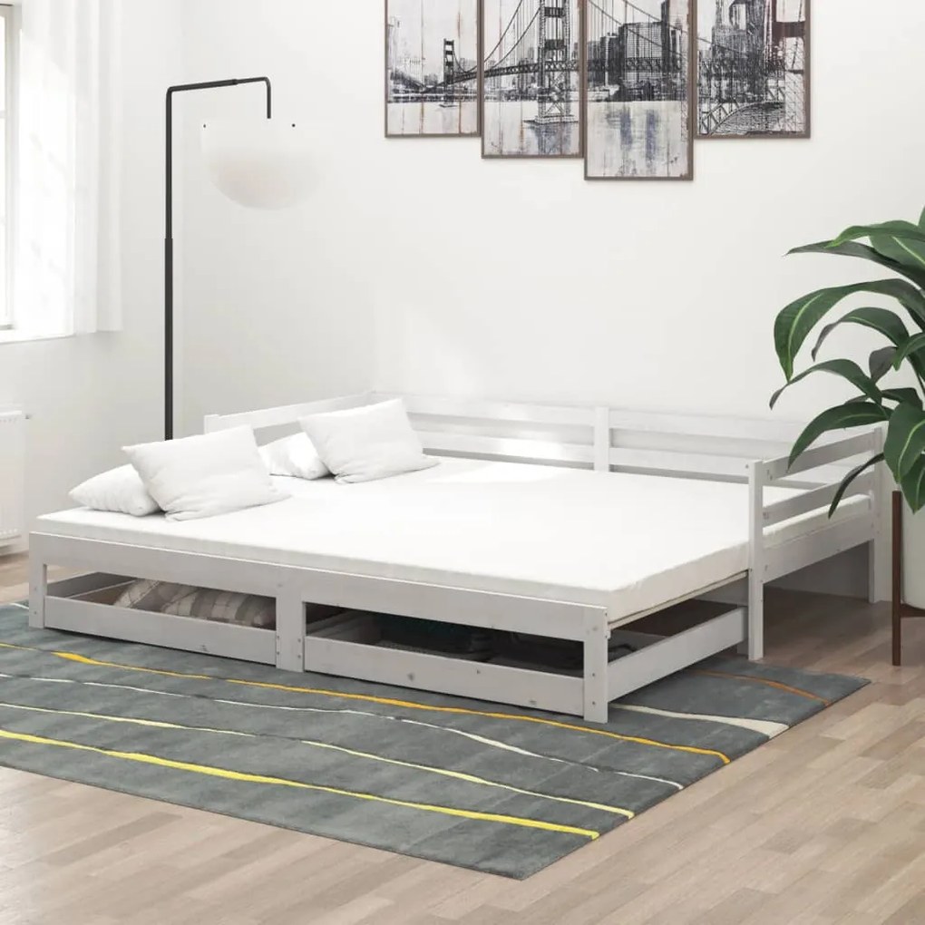 vidaXL Pat extensibil de zi, 2x(90x200) cm, alb, lemn masiv de pin