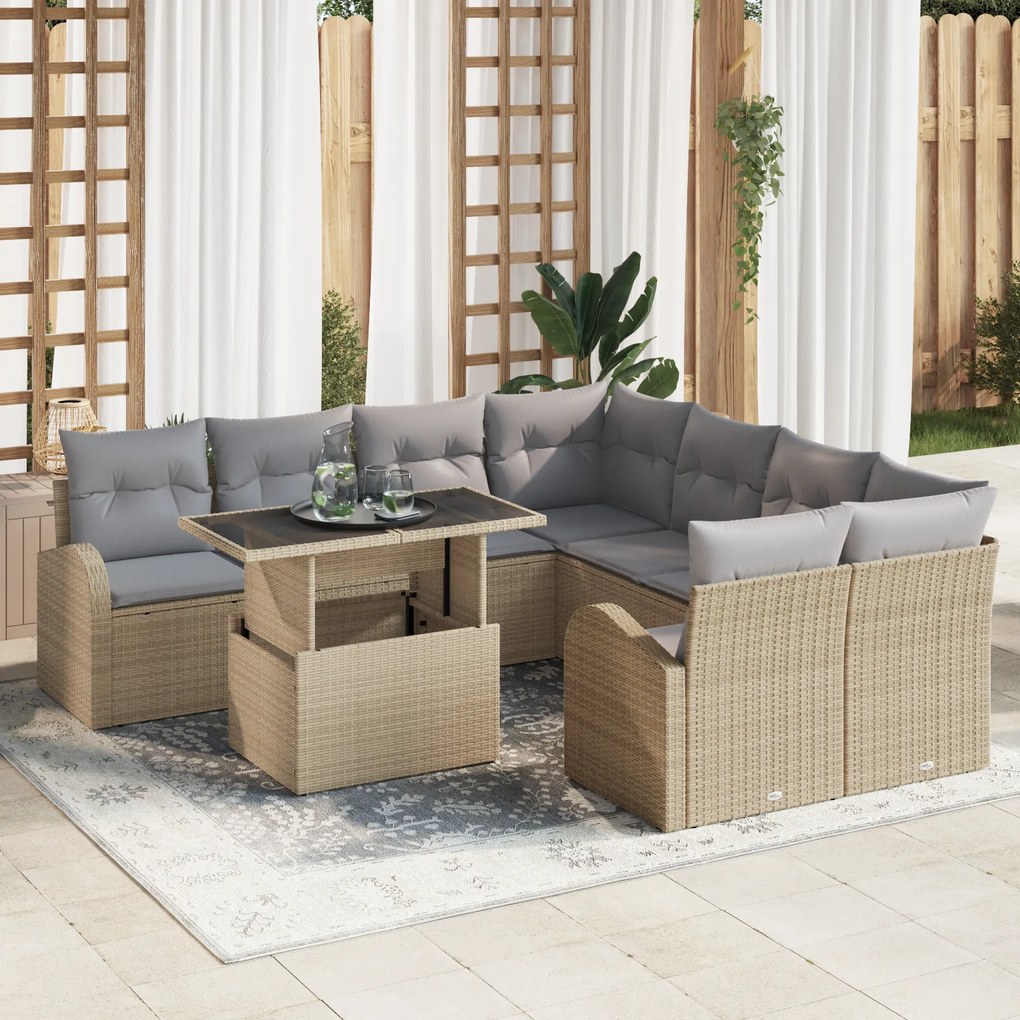 vidaXL Set de canapele pentru grădină cu pernă 9 pcs Bej Rattan poli