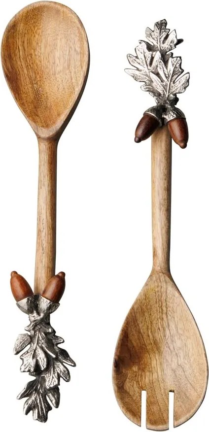 Set tacâmuri pentru salată din lemn de mango și aluminiu argintiu, lingură și furculiță, mânere cu frunze de stejar și ghinde, finisaj patinat, 29 x