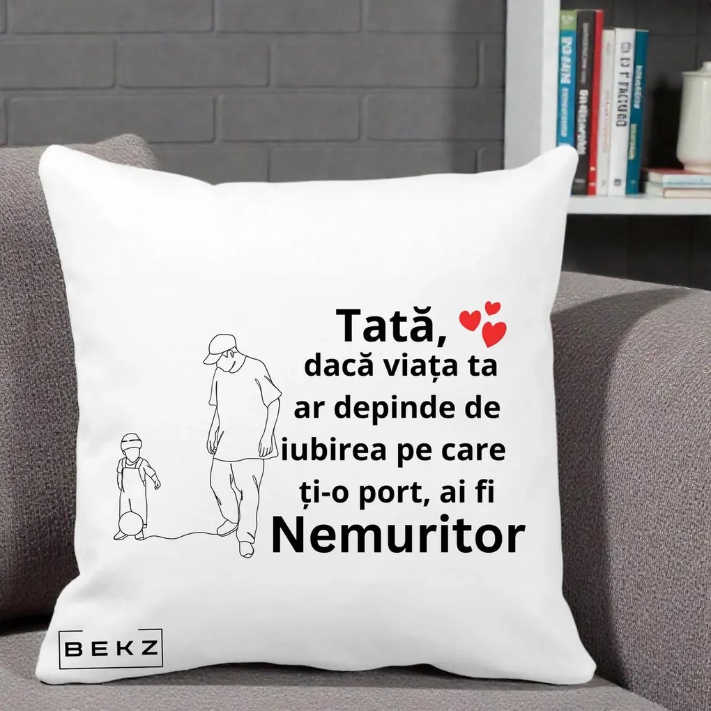 Cadou pentru Tata - Perna Personalizata Tata Nemuritor Joaca cu Mingea, 40x40 cm, Alba Mata, Husa Detasabila, Perna Inclusa, BEKZ®