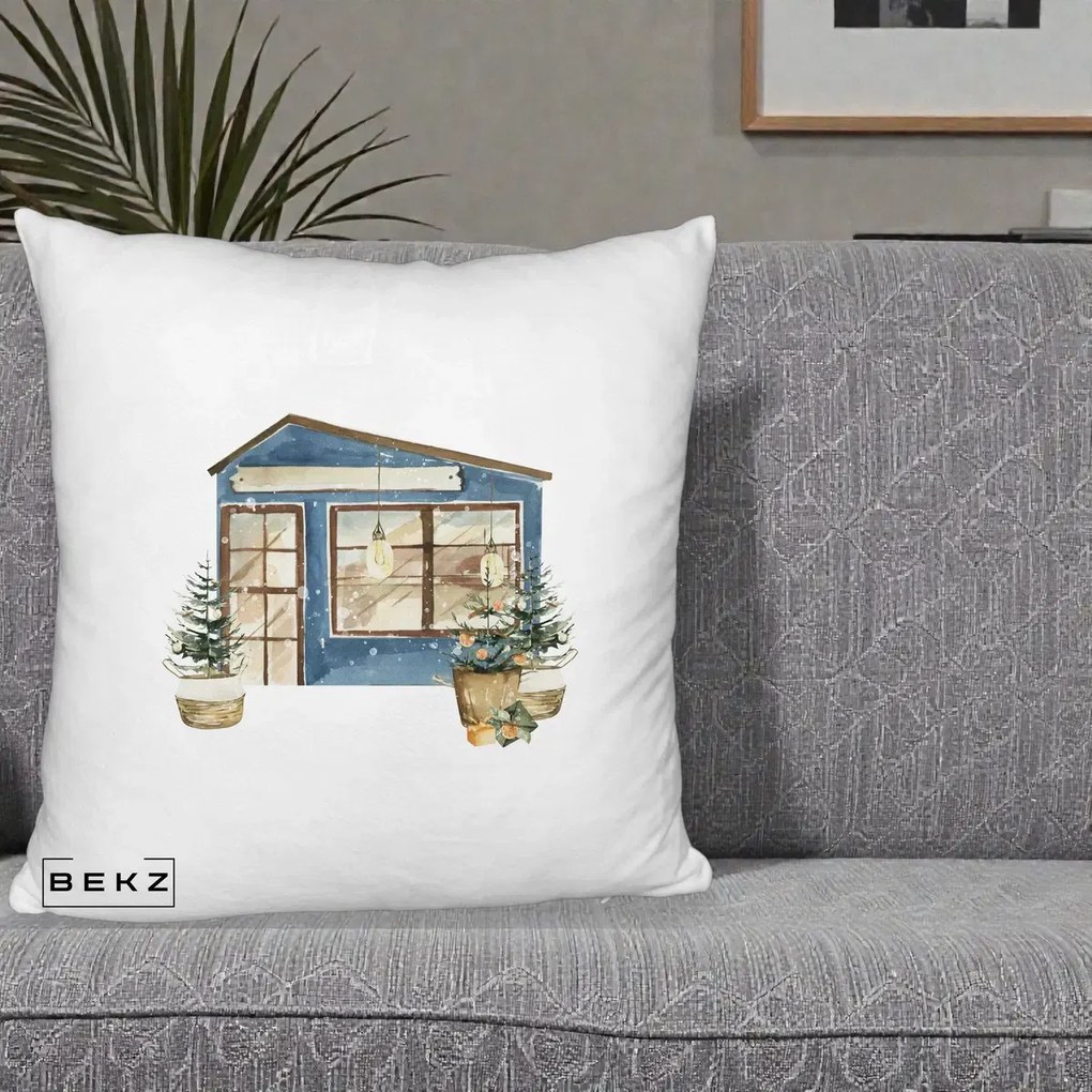 Perna decorativa de Craciun: Casa de Iarna Watercolor, 40x40 cm cu Umplutura, Alb Pufos, BEKZ