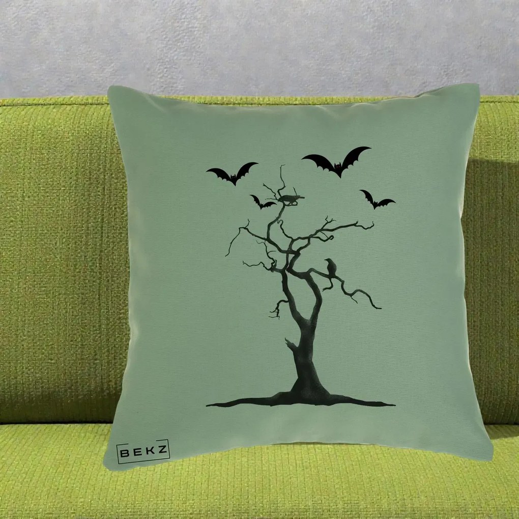 Perna Decorativa Halloween Copac cu Lilieci Alb-Negru, 40x40 cm, Verde, Husa Detasabila, Perna Inclusa, BEKZ®