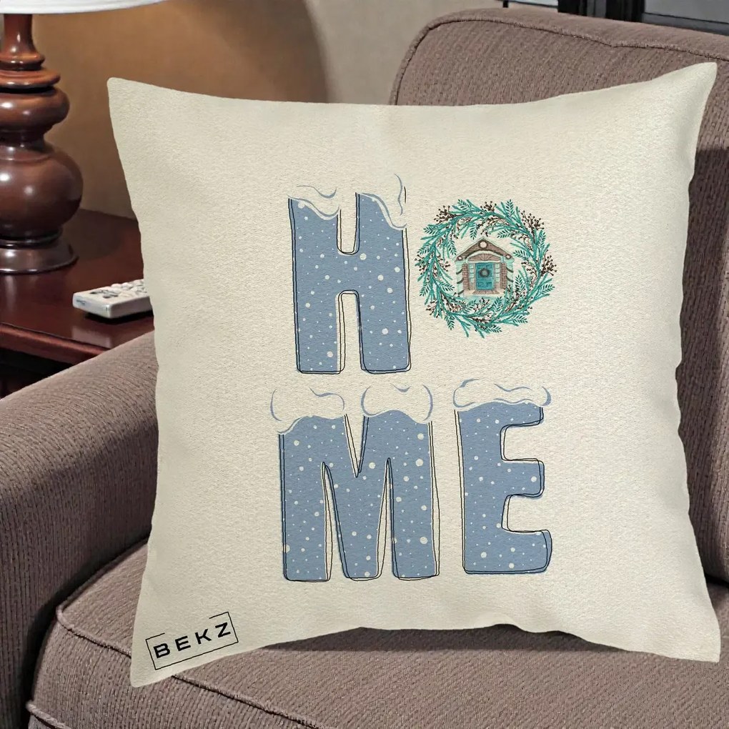 Perna Decorativa HOME Iarna cu Coroana, 40x40 cm, Ecru, Husa Detasabila, Perna Inclusa, BEKZ®