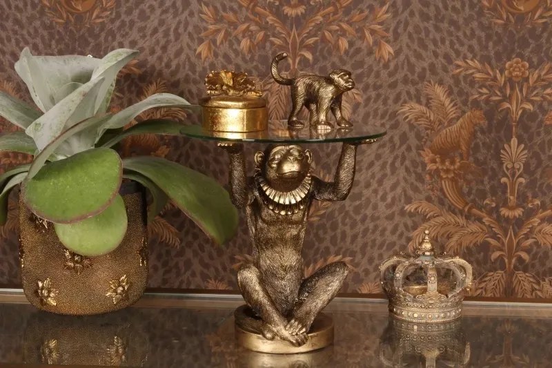 Măsuță decorativă sculptată rotundă, auriu, cu bază în formă de maimuță și blat din sticlă, finisaj antichizat, 26,5 x 25 cm, „Singerie”