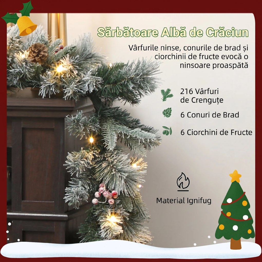 HOMCOM Ghirlanda de Crăciun Ø25x183 cm cu 50 de Lumini LED, Conuri de Pin și Boabe | Aosom Romania