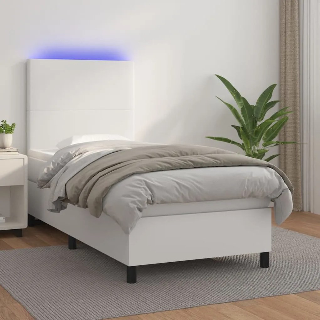 vidaXL Pat continental cu saltea &amp; LED, alb, 80x200 cm, piele eco