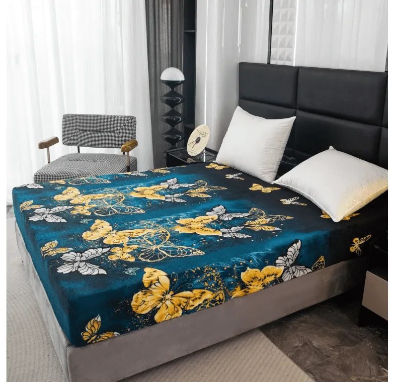 Cearsaf Cocolino microplus cu elastic FLUTURE AURIU SI ALB 90x200 cm verde inchis