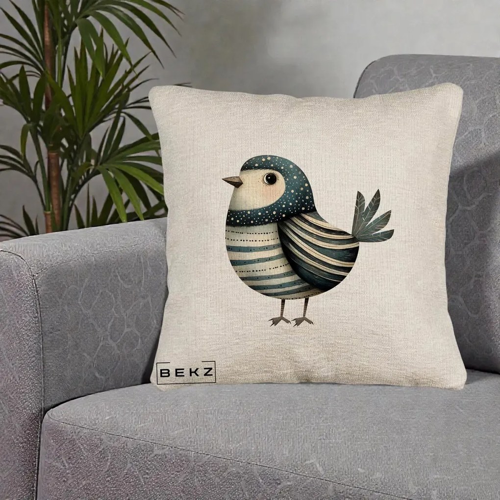 Perna Decorativa Pasare Teal Decorativa Dungata, 40x40 cm, Bej Canapea, Husa Detasabila, Perna Inclusa, BEKZ®