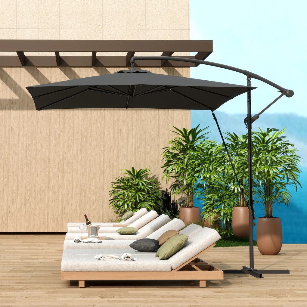 Outsunny Umbrelă de Grădină Suspendată 2.47x2.47 m, Umbrelă de Exterior cu Bază în Cruce, Corzi Antivânt, Gri Închis | Aosom Romania