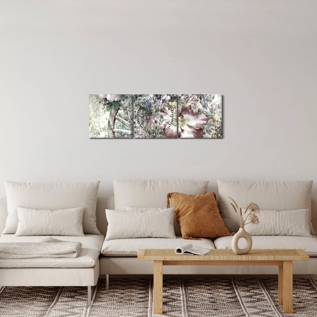 Tablou - Flori pe roata de lemn (cu ceas) (90x30 cm)