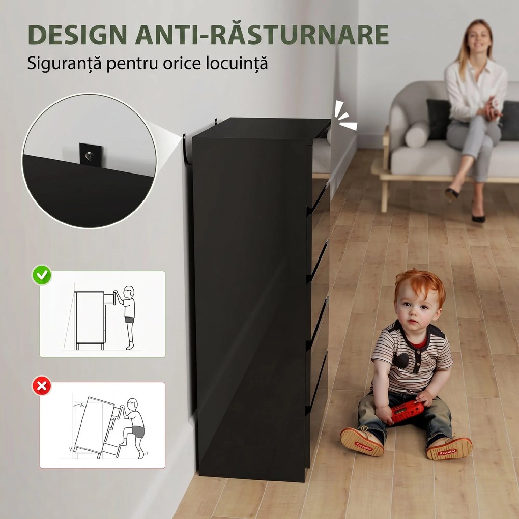 HOMCOM Comodă cu 5 Sertare din Lemn, pentru Dormitor, Design Modern și Multifuncțional, 55x34x100 cm, Negru | Aosom Romania