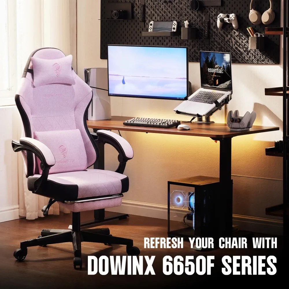 DOWINX 6650F - Scaun Gaming Ergonomic, Masaj in perna lombara, Șezut cu Arcuri Metalice și Spumă, Suport pentru picioare, Rabatabil 90°–135°, Rezistent 136 kg, Material textil, Roz