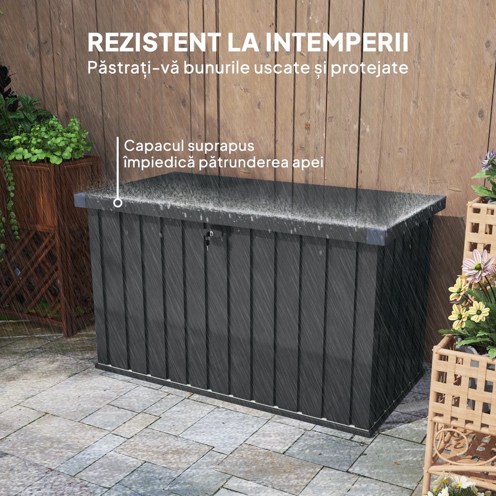 Outsunny Ladă de Exterior de 400L cu Capac cu Două Pârghii, Încuietoare și 2 Chei, 124x66x72 cm, Gri Închis | Aosom Romania