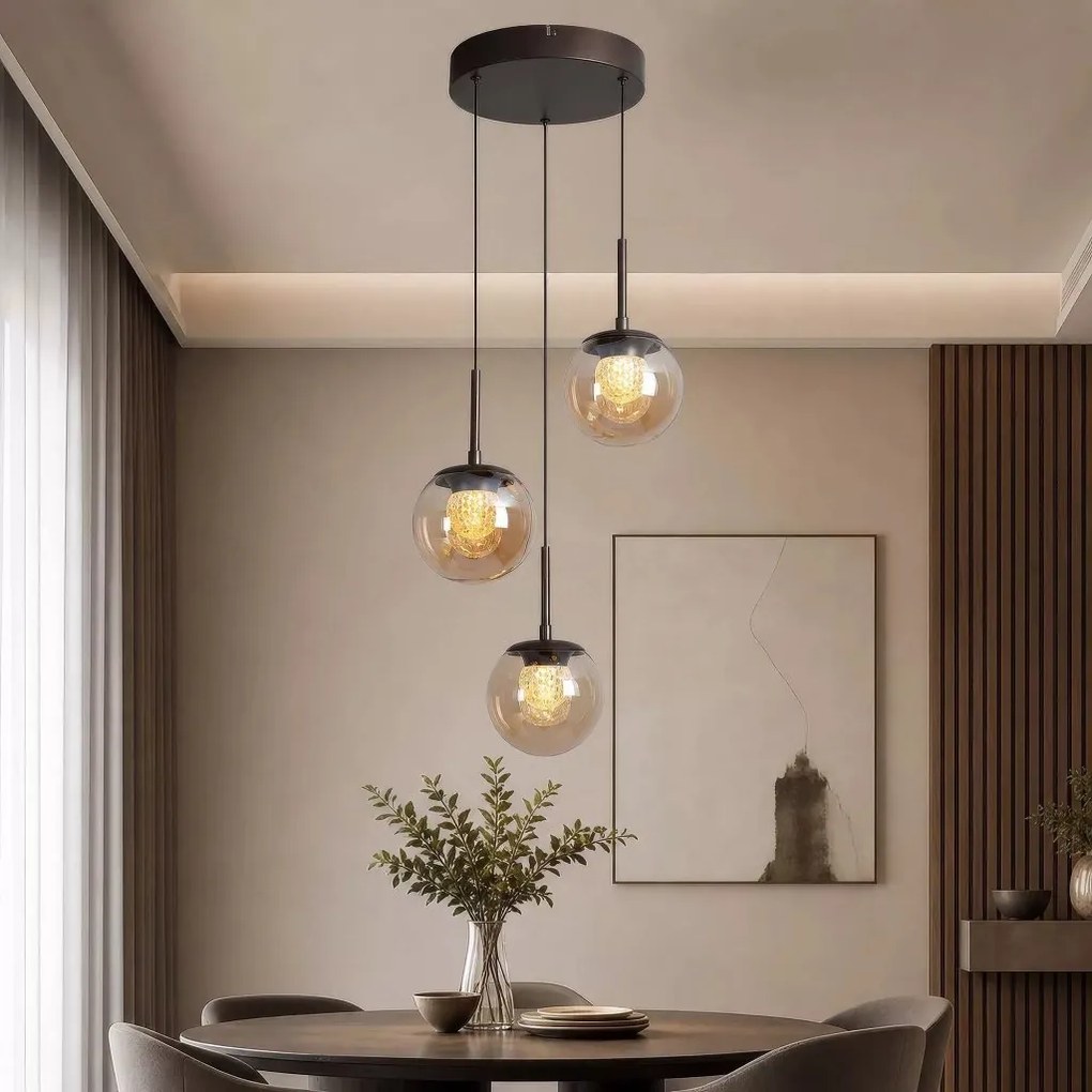 Lustra cu 3 pendule LED, Solis, Sticla Efect Champagne si Metal Bronz