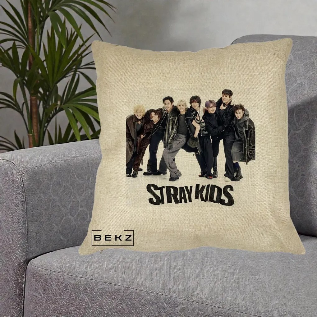Perna Personalizata K-pop Stray Kids Outfit Negru, 40x40 cm, Crem, Husa Detasabila, Perna Inclusa, BEKZ®