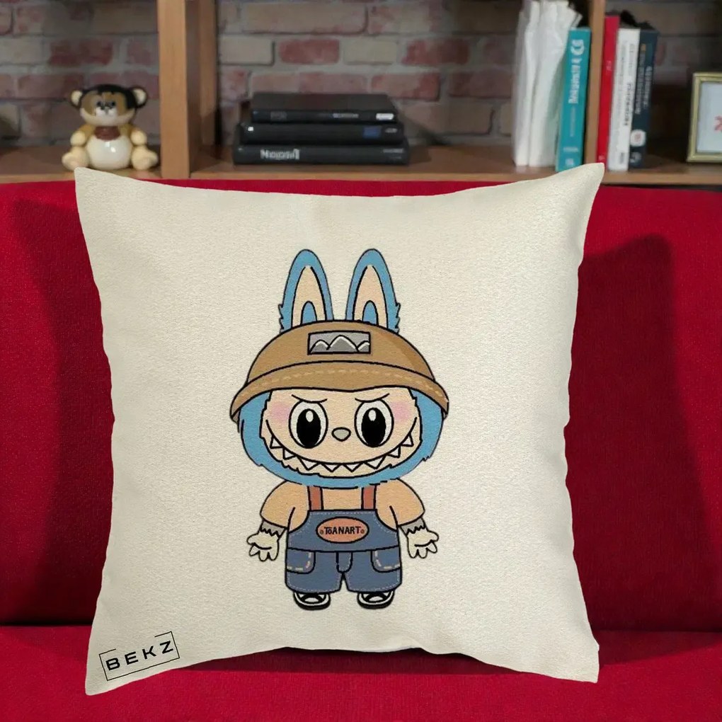 Perna Personalizata Labubu Toanart Blugi, 40x40 cm, Ecru, Husa Detasabila, Perna Inclusa, BEKZ®