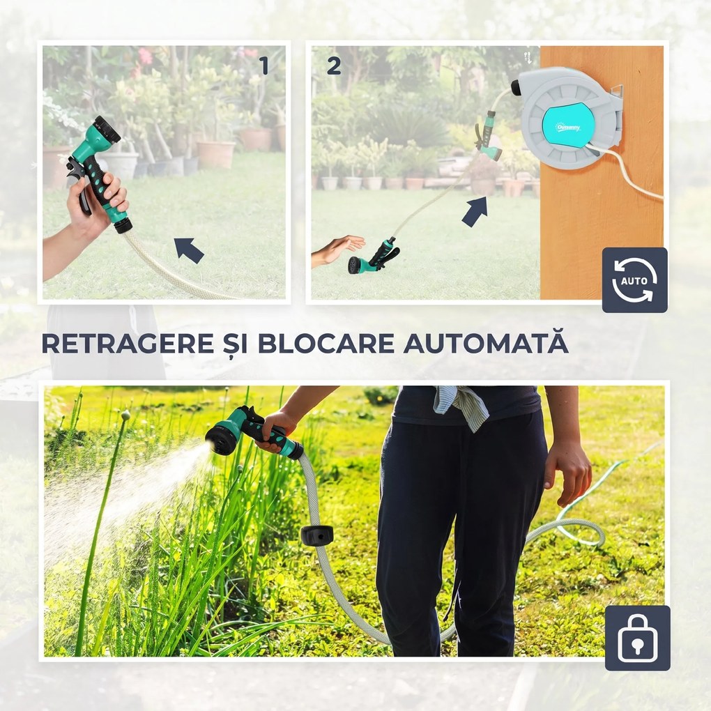 Outsunny Tambur Furtun de Grădină Retractabil, Rotativ la 180° și Sistem de Blocare, 55x20x42 cm, Gri | Aosom Romania
