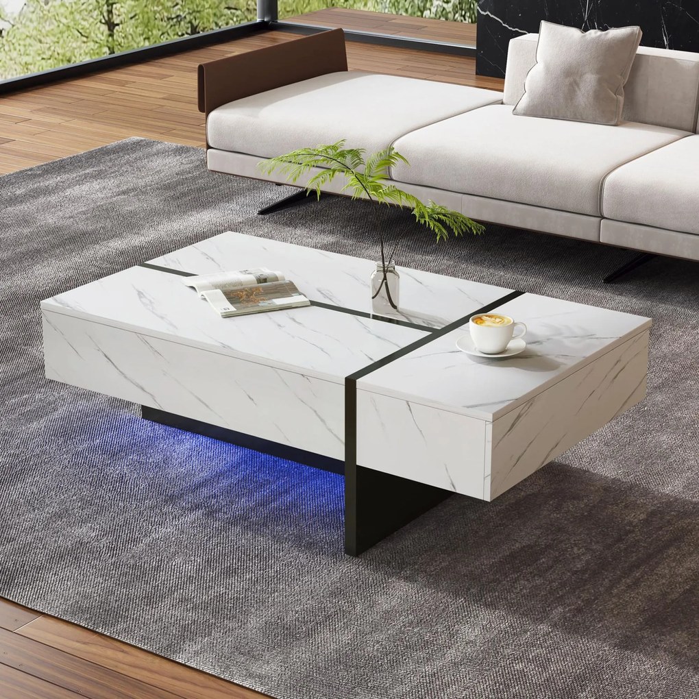 Masă de cafea modernă cu iluminare LED, 3 sertare spațioase, 105x60x35 cm, Alb