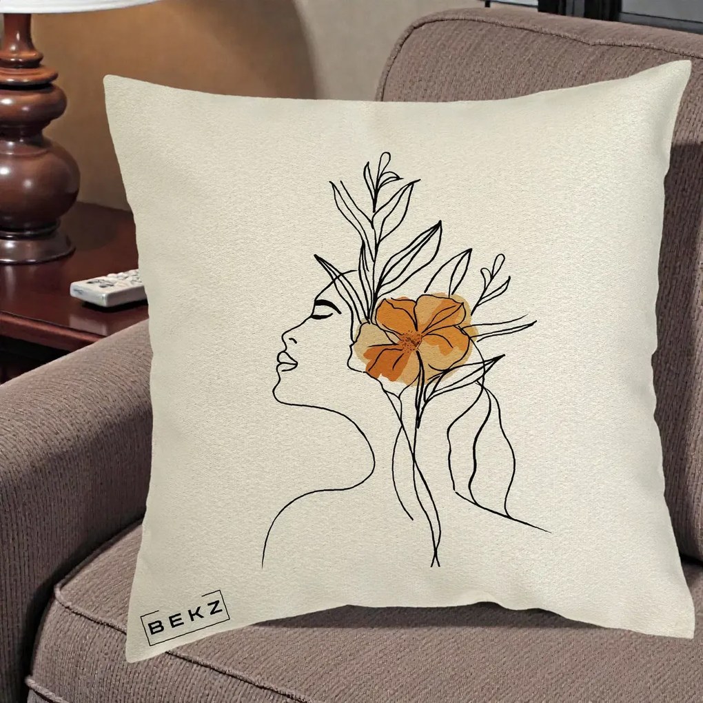 Perna Decorativa Portret Feminin Floare Portocalie Lateral, 40x40 cm, Ecru, Husa Detasabila, Perna Inclusa, BEKZ®