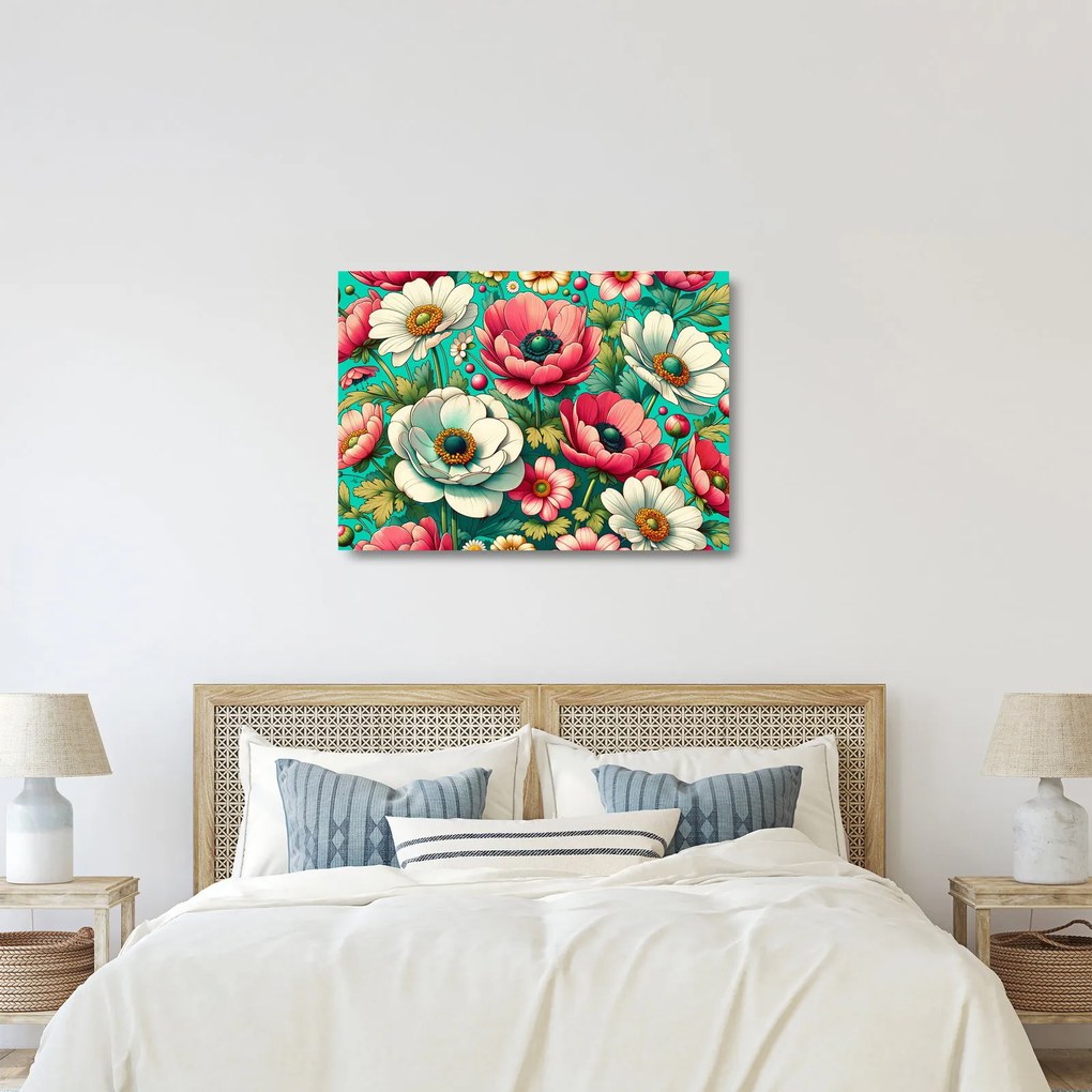 Tablou pe sticlă - Flori pe fundal albastru (70x50 cm)