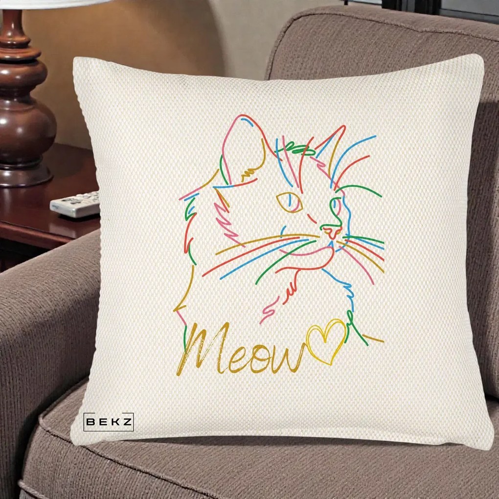 Perna Personalizata Pisica Meow Arta Linie Colorata, 40x40 cm, Crem Reliefat, Husa Detasabila, Perna Inclusa, BEKZ®