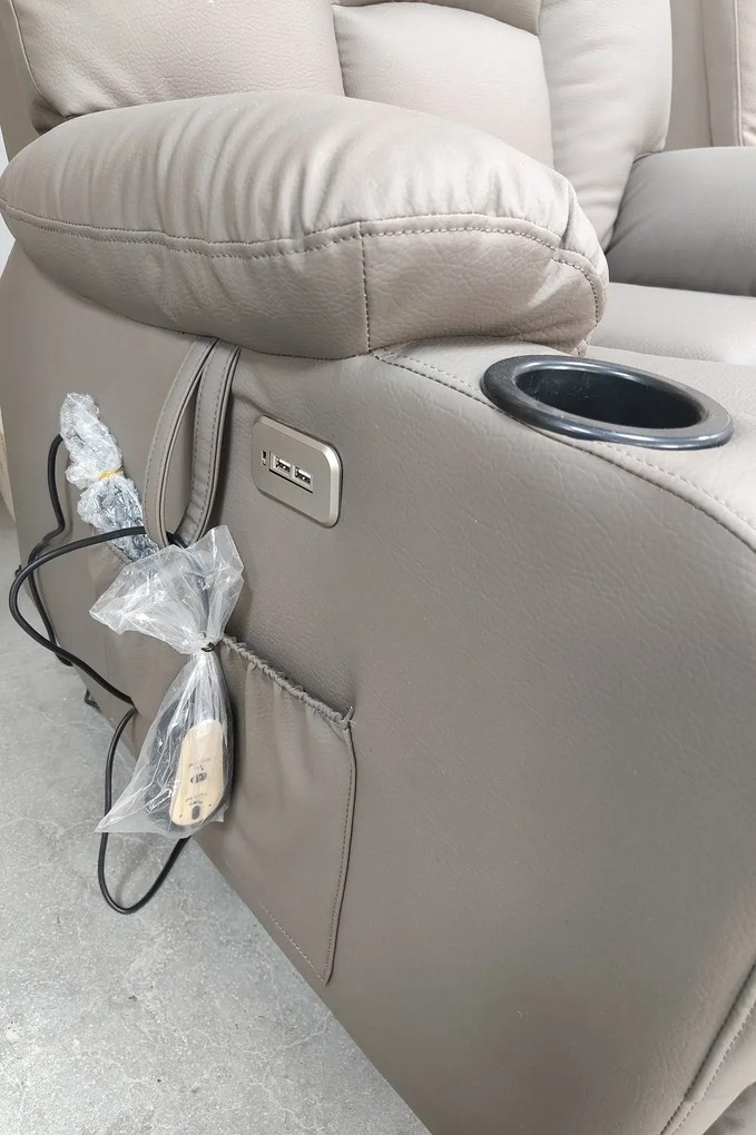 RESIGILAT- Fotoliu Electric Power Lift&Recliner, ridicare și rabatare, masaj și incalzire, porturi USB, suporturi pentru pahare, buzunare laterale, telecomenzi, PU, Gri