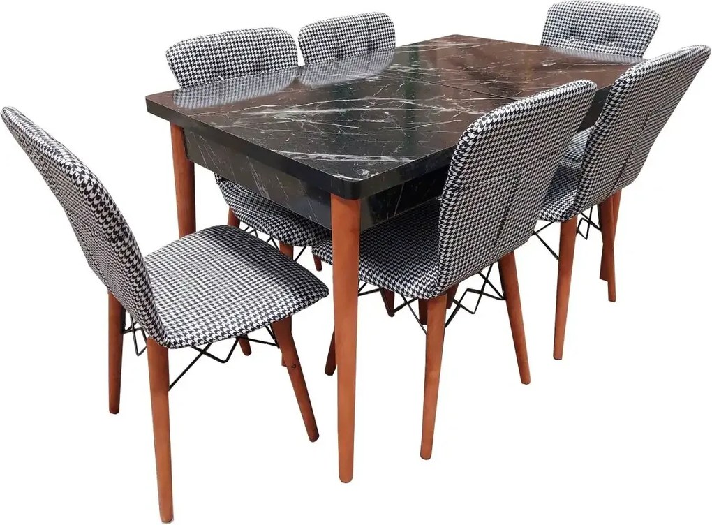 Set masa extensibila cu 6 scaune tapitate Homs cristal negru 170 x 80 cm