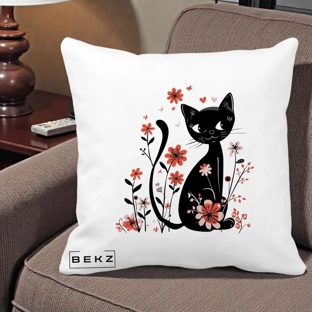Perna Decorativa Pisica Neagra Flori Roz si Inimi, 40x40 cm, Alba Mata, Husa Detasabila, Perna Inclusa, BEKZ®