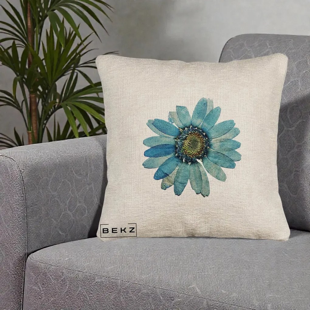 Perna Decorativa Floare Margareta Albastra Acuarela, 40x40 cm, Bej Canapea, Husa Detasabila, Perna Inclusa, BEKZ®