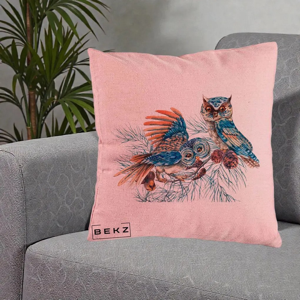 Perna Decorativa Bufnite de Iarna Albastre, 40x40 cm, Roz, Husa Detasabila, Perna Inclusa, BEKZ®