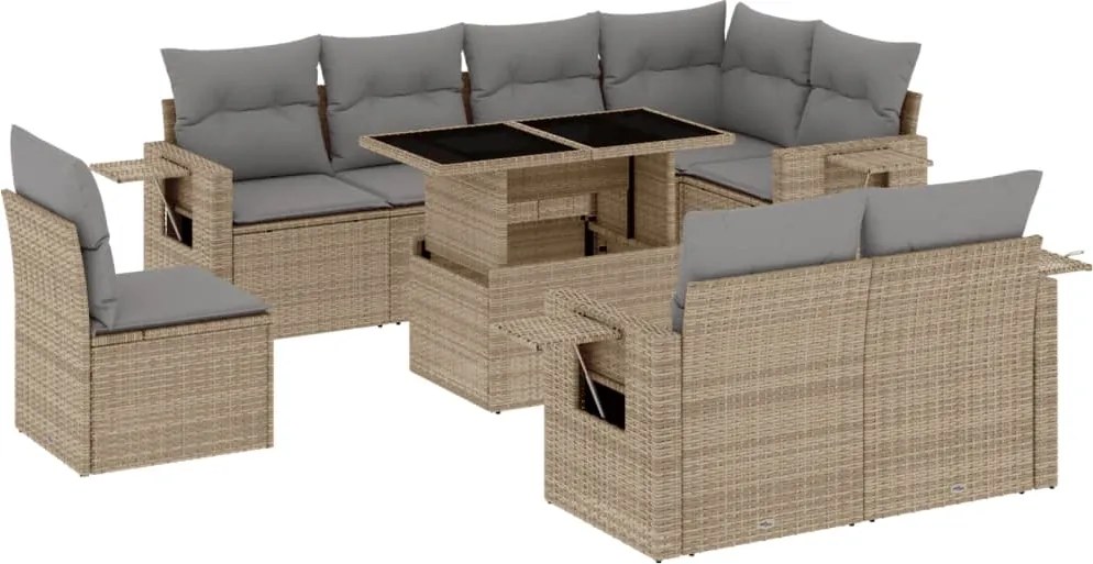 vidaXL Set canapele de grădină, 9 piese, cu perne, bej, poliratan