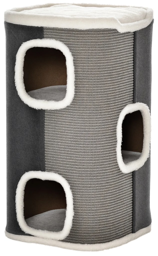 PawHut Catedrală pentru zgâriere de 74 cm înălțime cu trei nivele cu pernă, margine plușată, peșteră pentru pisici, catedrală zgârieră pentru pisici mici, Gri+ Alb | Aosom Romania