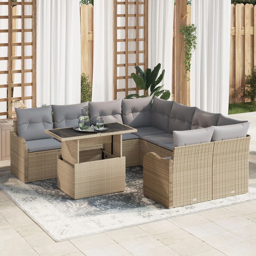 vidaXL Set de canapele pentru grădină cu pernă 9 pcs Bej Rattan poli