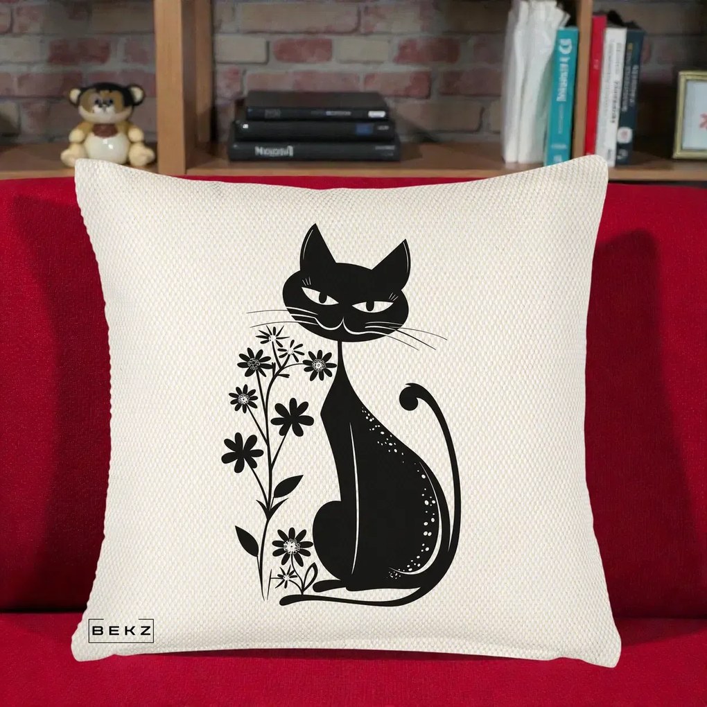 Perna Decorativa Pisica Neagra Grafica Minimalista, 40x40 cm, Crem Reliefat, Husa Detasabila, Perna Inclusa, BEKZ®