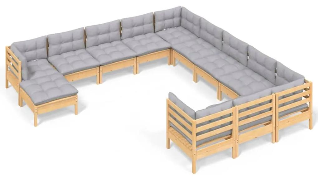 3097066 vidaXL Set mobilier de grădină cu perne gri, 12 piese, lemn de pin