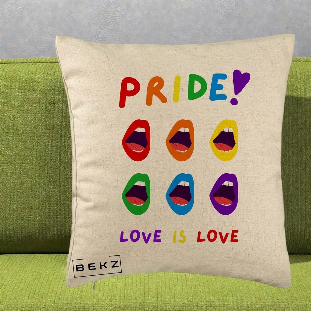 Perna Personalizata Pride Love is Love Curcubeu, 40x40 cm, Bej, Husa Detasabila, Perna Inclusa, BEKZ®