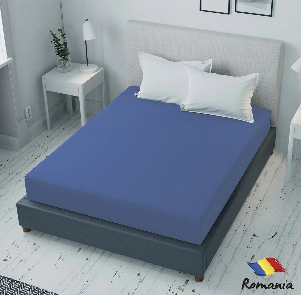 Cearceaf de pat albastru cu elastic Evostar bumbac100% ranforce /90x200 cm dimensiune standard