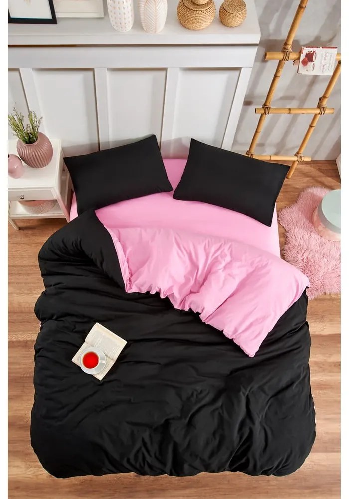 Lenjerie de pat neagră-roz pentru pat de o persoană, extinsă cu cearceaf inclus, cu 3 piese 160x220 cm Classic – Mila Home