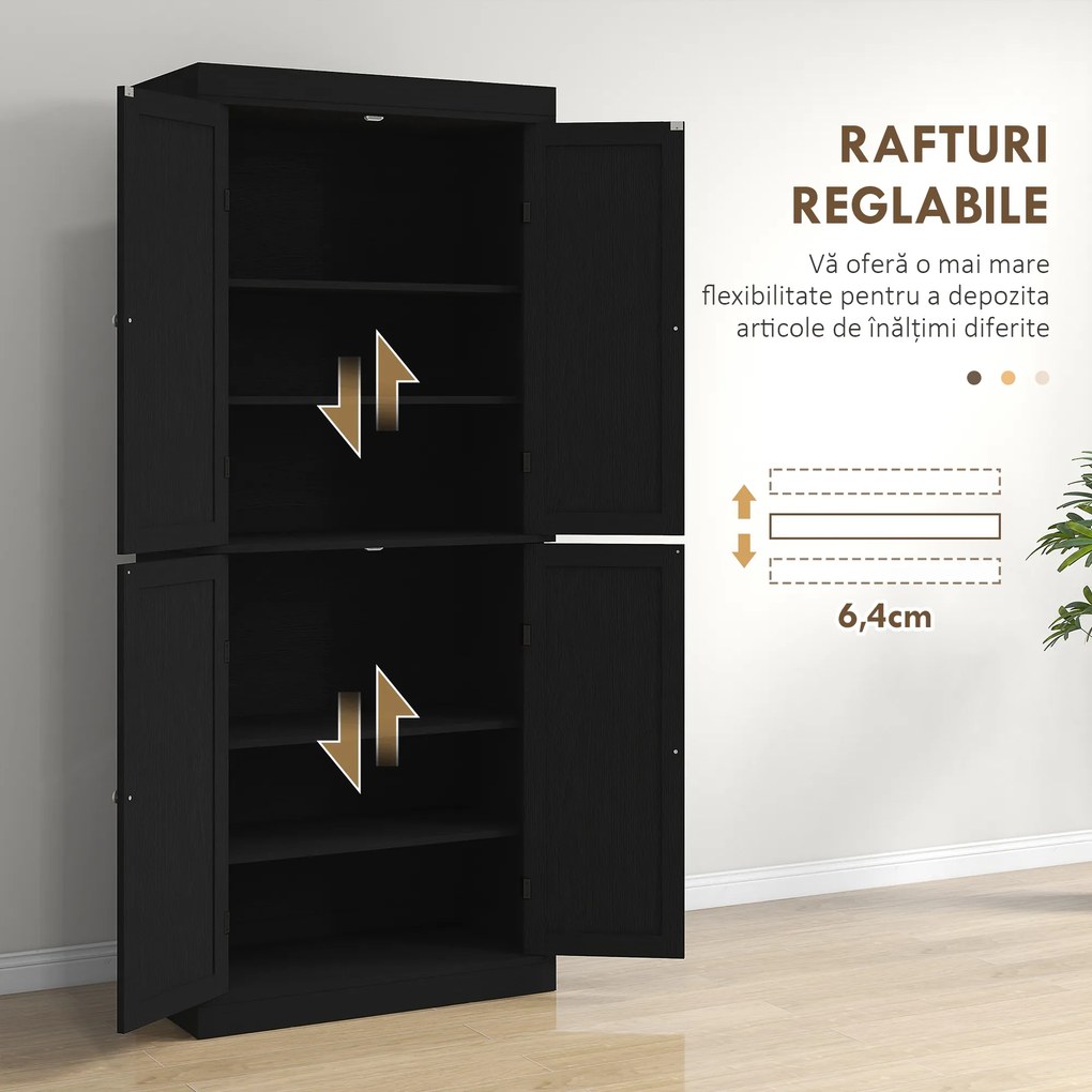 HOMCOM Dulap Înalt de Bucătărie cu 6 Rafturi și 2 Uși, Dulap cu Rafturi Reglabile din Lemn, 76x40,5x184 cm, Alb | Aosom Romania