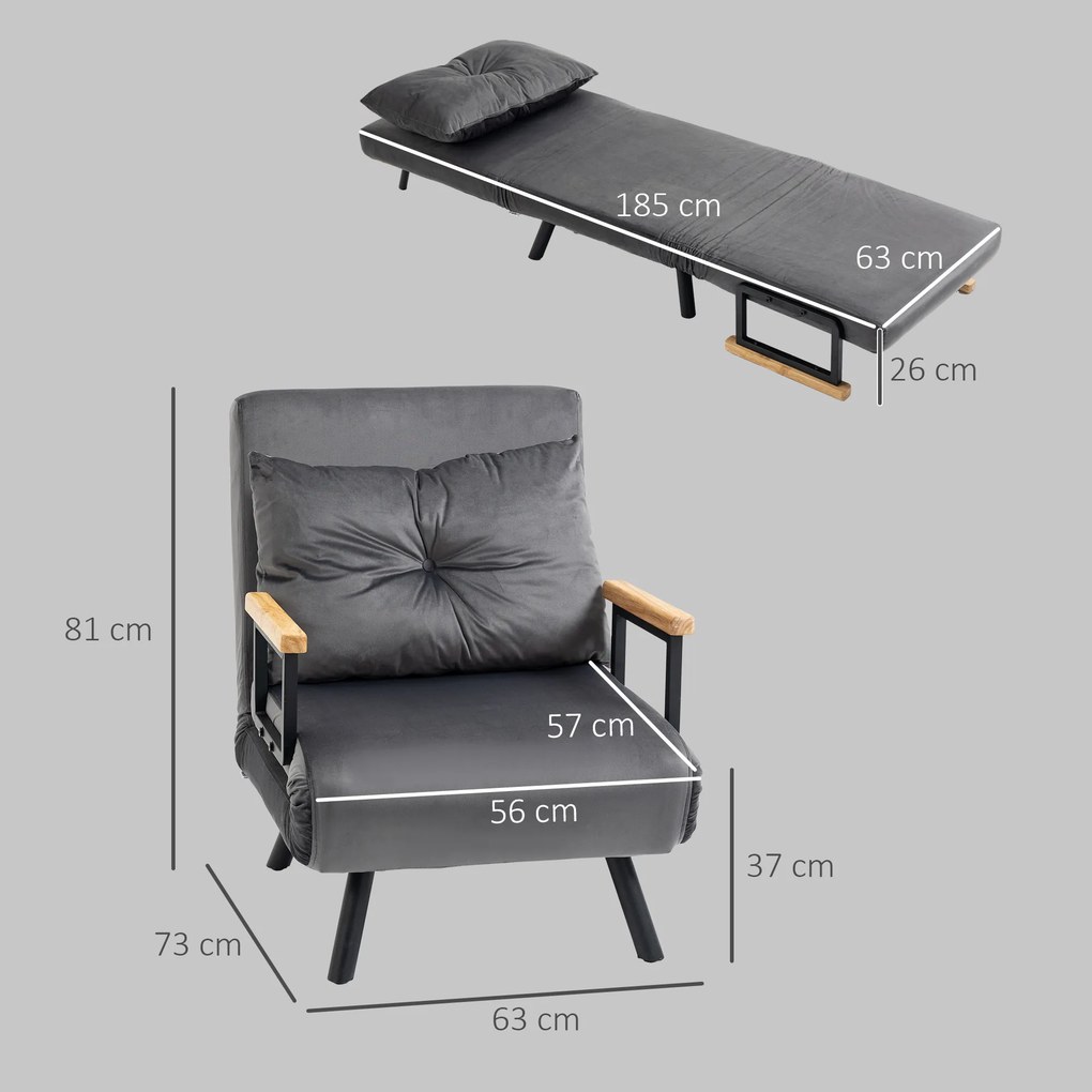 HOMCOM Canapea Extensibilă cu Spătar Reglabil pe 5 Nivele, Canapea Pat Individuală Pliabilă cu Perne, 63x73x81 cm, Gri | Aosom Romania