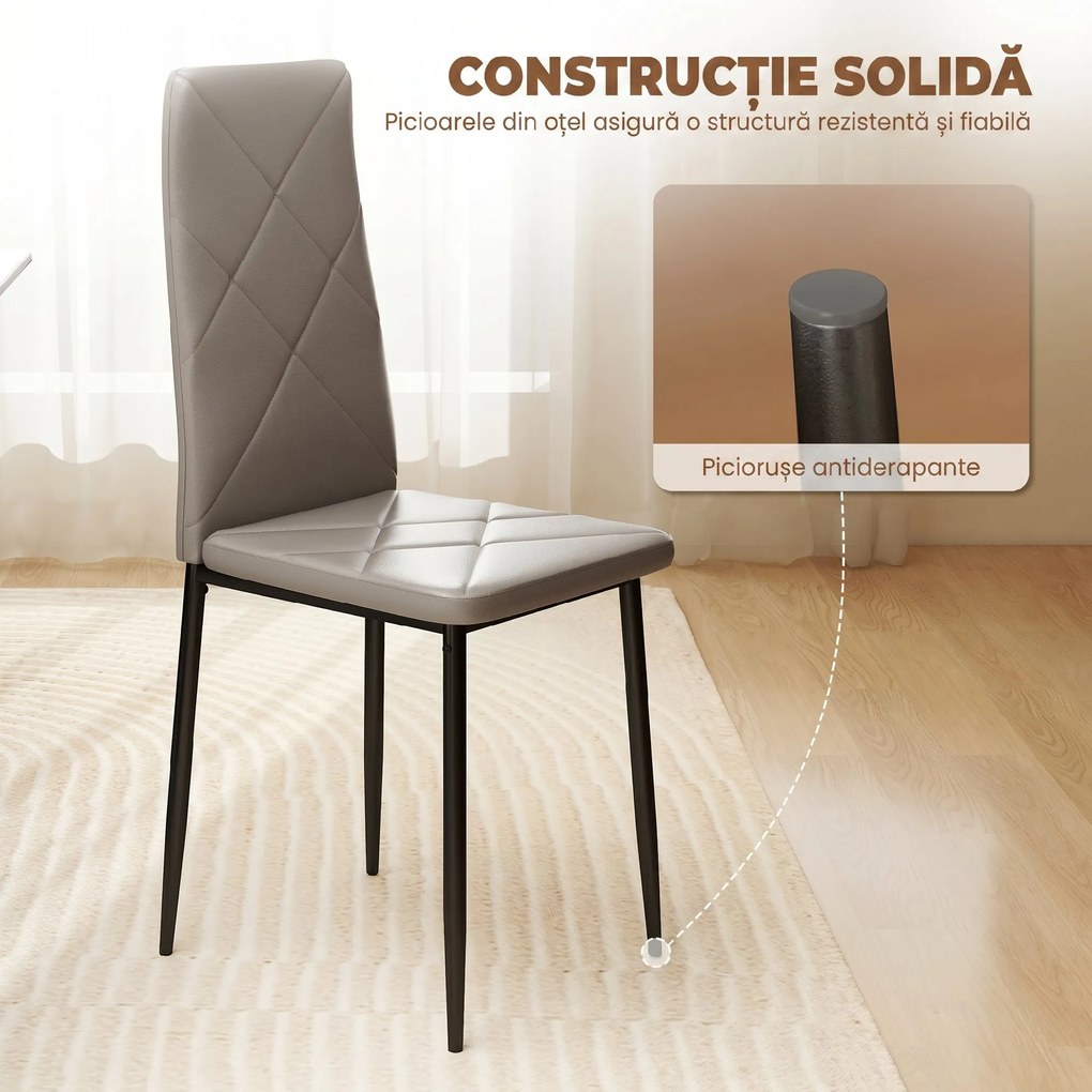 HOMCOM Set de 6 Scaune de Sufragerie, cu Spătar Înalt cu Cusături Tip Romb din Piele Ecologică și Oțel, 41x50x97 cm, Gri | Aosom Romania
