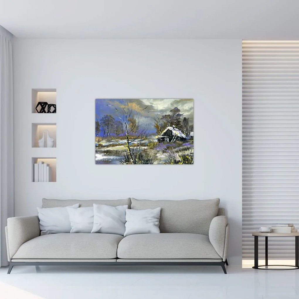 Tablou -Cabane într-un peisaj de iarnă, pictură în ulei (90x60 cm)