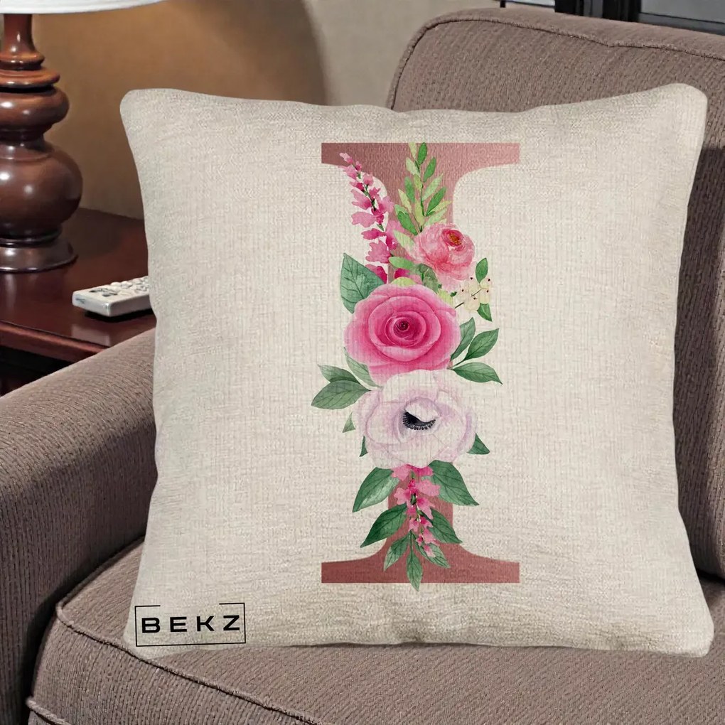 Cadou Personalizat - Perna Personalizata Monograma Rose Gold Litera I, 40x40 cm, Bej Canapea, Husa Detasabila, Perna Inclusa, BEKZ®