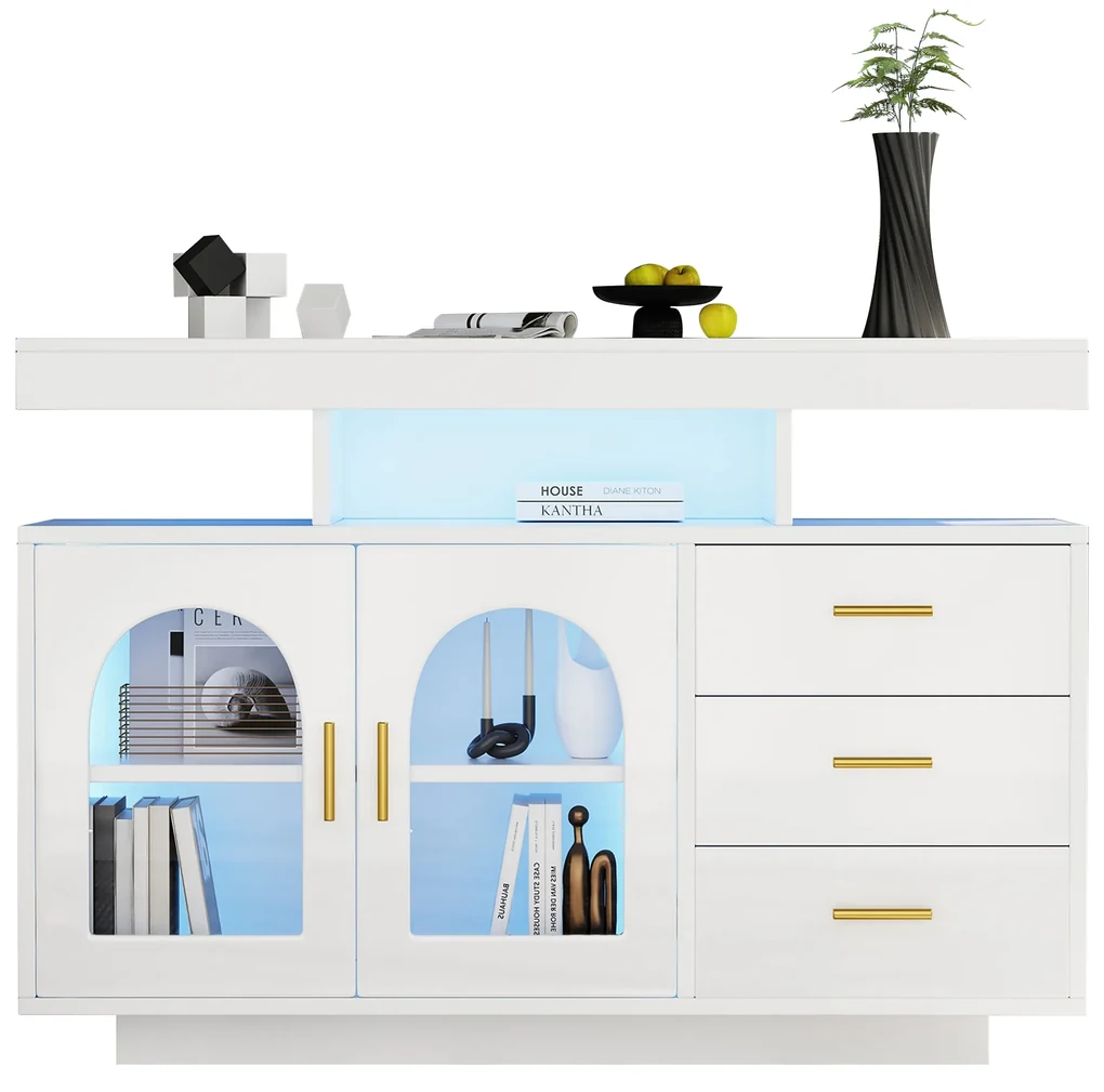 Comodă cu LED, Dulap pentru Cafea și Comodă cu Sertare, Luminos cu 16 Culori, pentru Living și Sala de Mese, 120x40x80 cm, Alb
