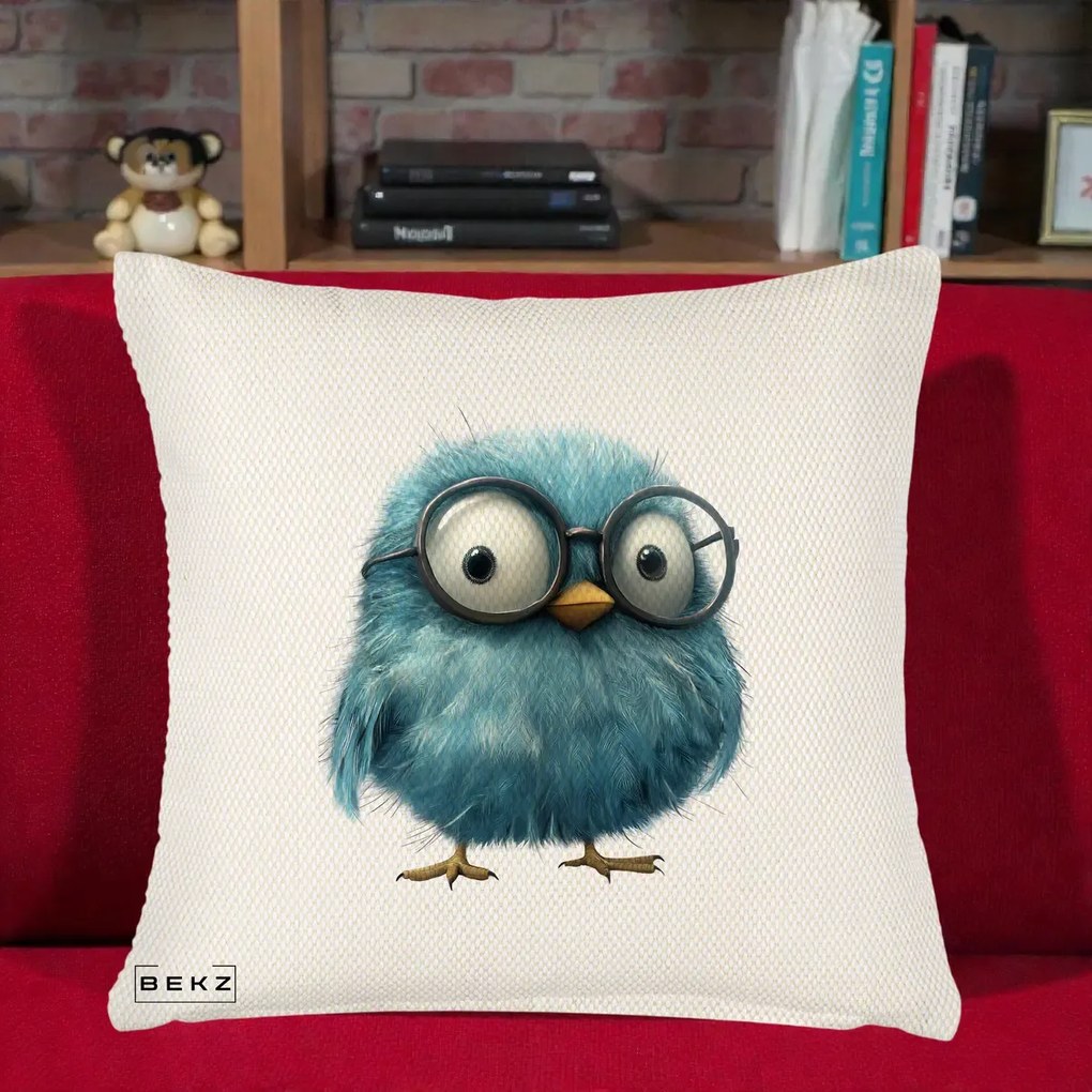 Perna Decorativa Pui Pufos Teal cu Ochelari, 40x40 cm, Crem Reliefat, Husa Detasabila, Perna Inclusa, BEKZ®