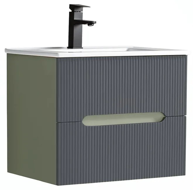 Trent 60 dulap de baie inferior cu chiuvetă ceramică (2 sertare) verde măslin-gri antracit