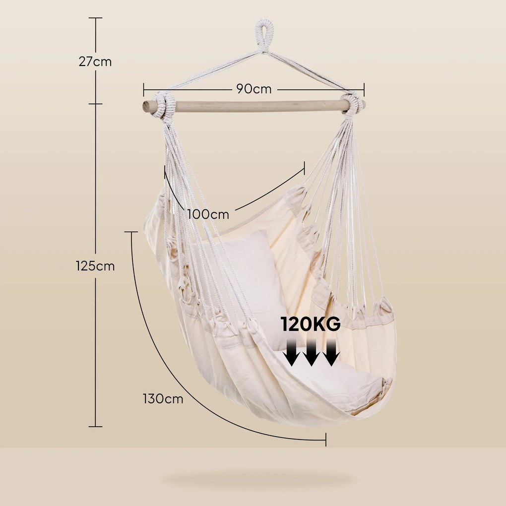 Outsunny Fotoliu suspendat exterior scaun-hamac cu 2 perne, interior și exterior, din țesătură bumbac amestec, crem | Aosom Romania