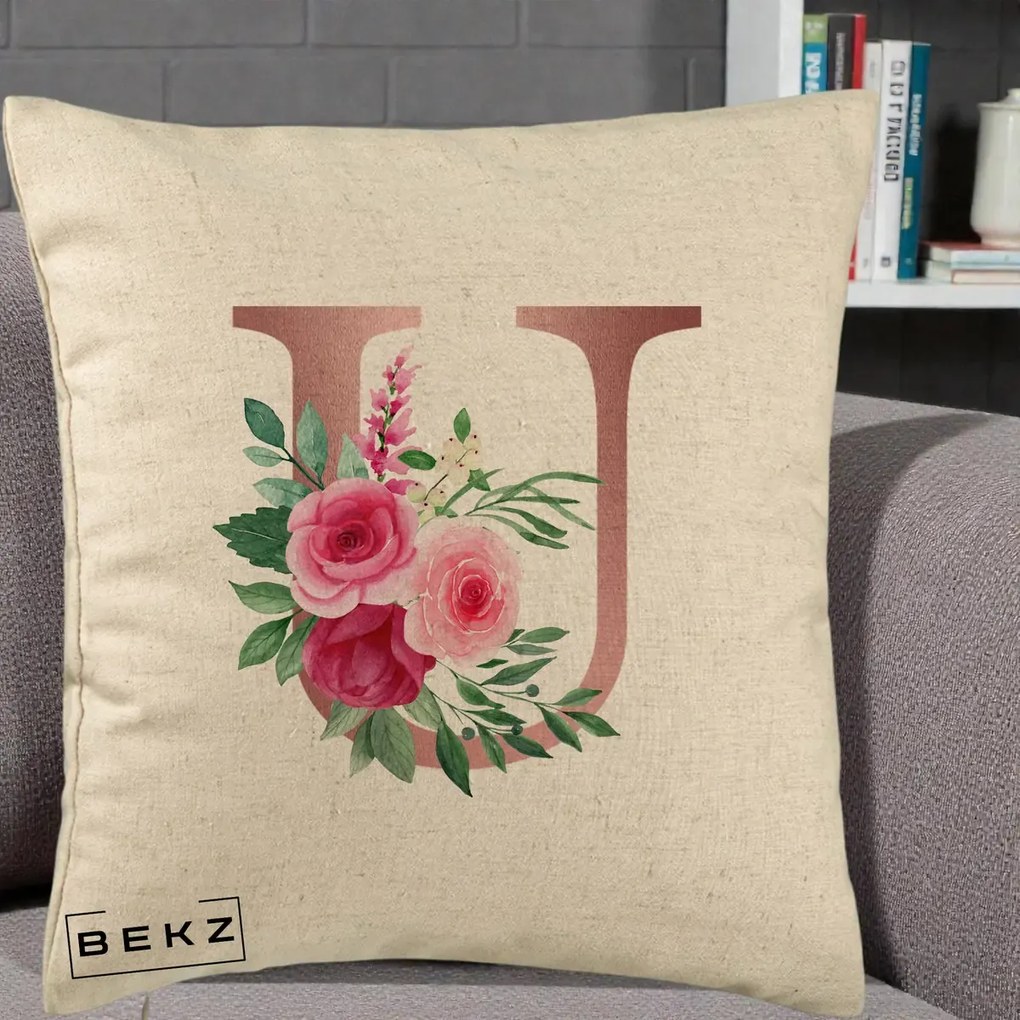 Cadou Personalizat - Perna Personalizata Monograma Rose Gold Litera U, 40x40 cm, Bej, Husa Detasabila, Perna Inclusa, BEKZ®
